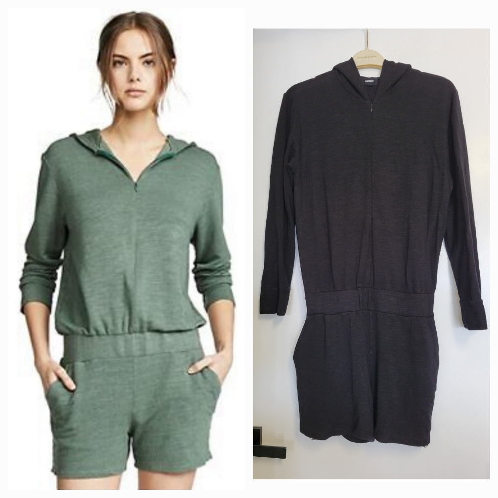 Monrow Revolve Super‎ Soft Zip Up Romper Retails $199 Size M Black Hoodie